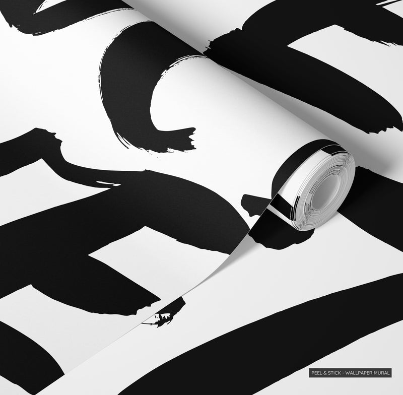 Love Abstract Typography Mural - Bold Black & White Peel & Stick Wallpaper for Statement Walls