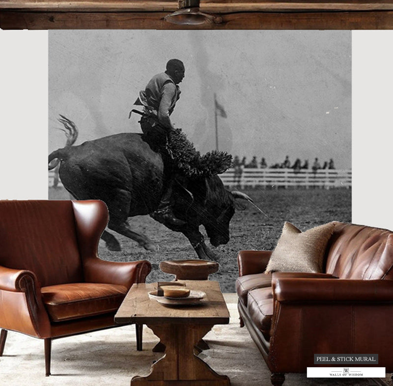 African American Bull Rider Cowboy Mural capturing a moment of rodeo bravery