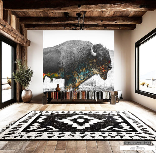 Peel and stick buffalo wall art perfect for western themed decor.