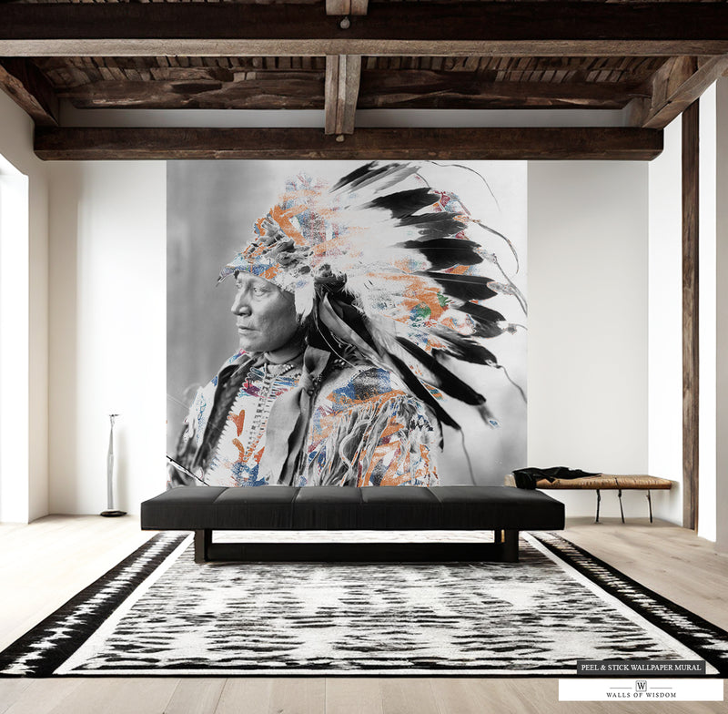 Vintage Native American Chief in Headdress Contemporary Art Mural.