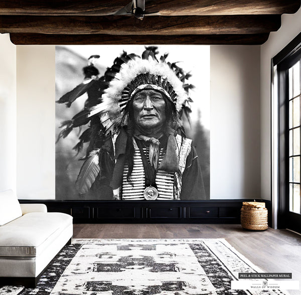 Vintage Black and White Chief Iron Shell in Headdress Wall Mural.