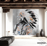 Large Wall Mural of Native American Chief for Western Home Styling.