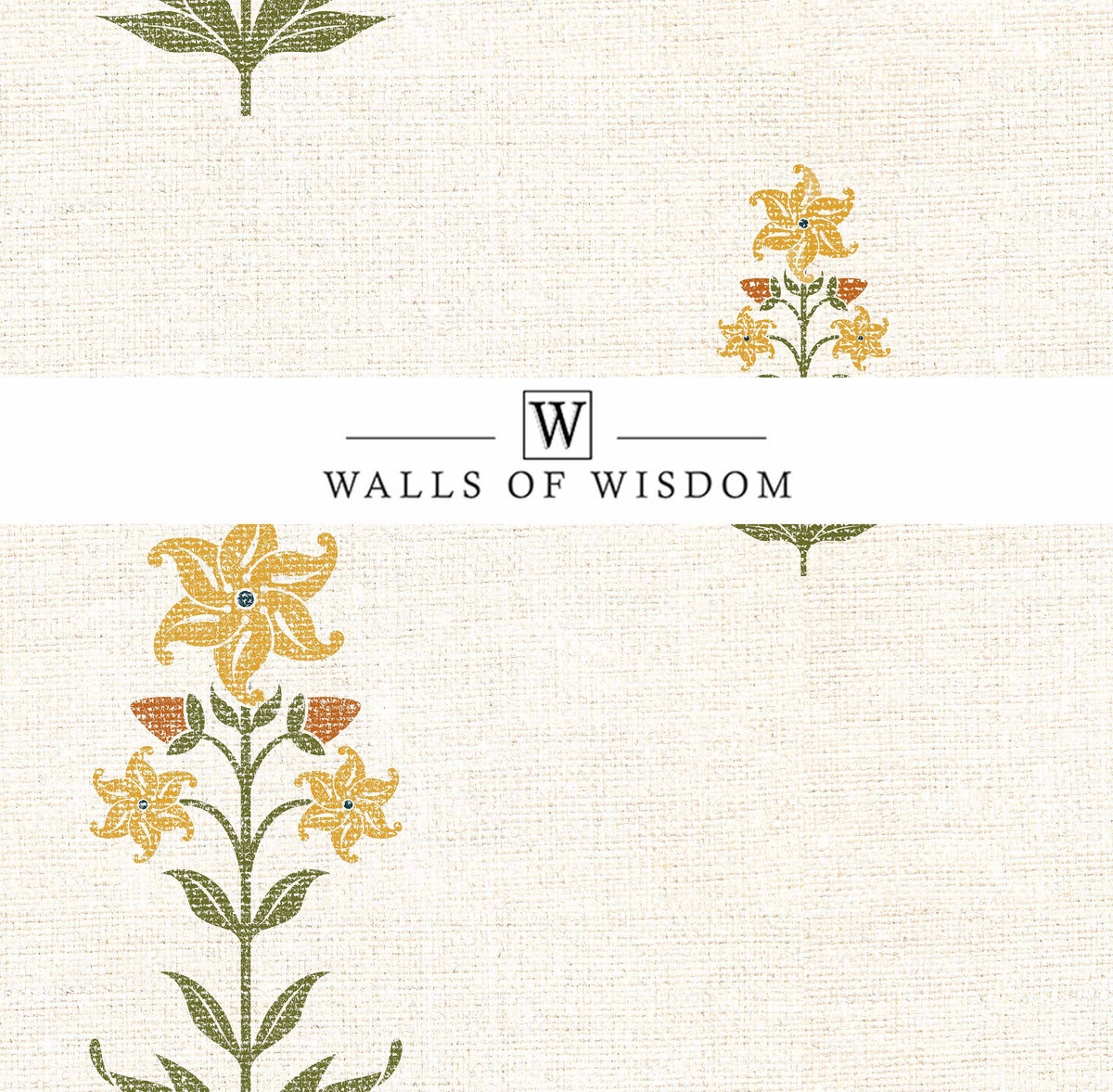 Detail of creamy linen-style background with faux grasscloth texture of Amish Flower Wallpaper