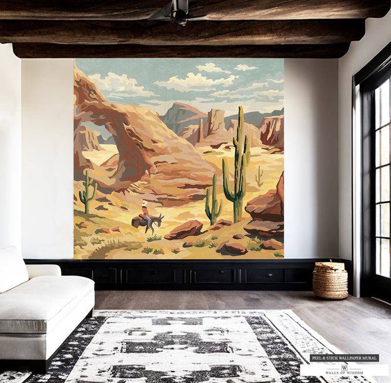 Arizona Desert Landscape Mural with Horse and Cactus in Vintage Style.