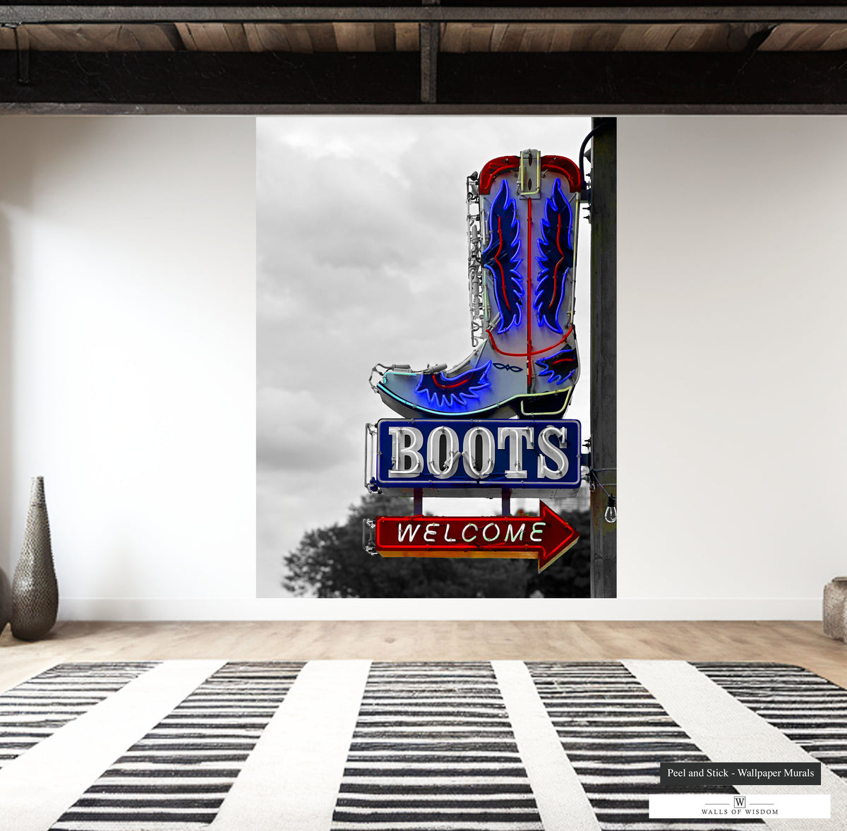 Western boho style wall mural with colorful neon cowboy boot sign.