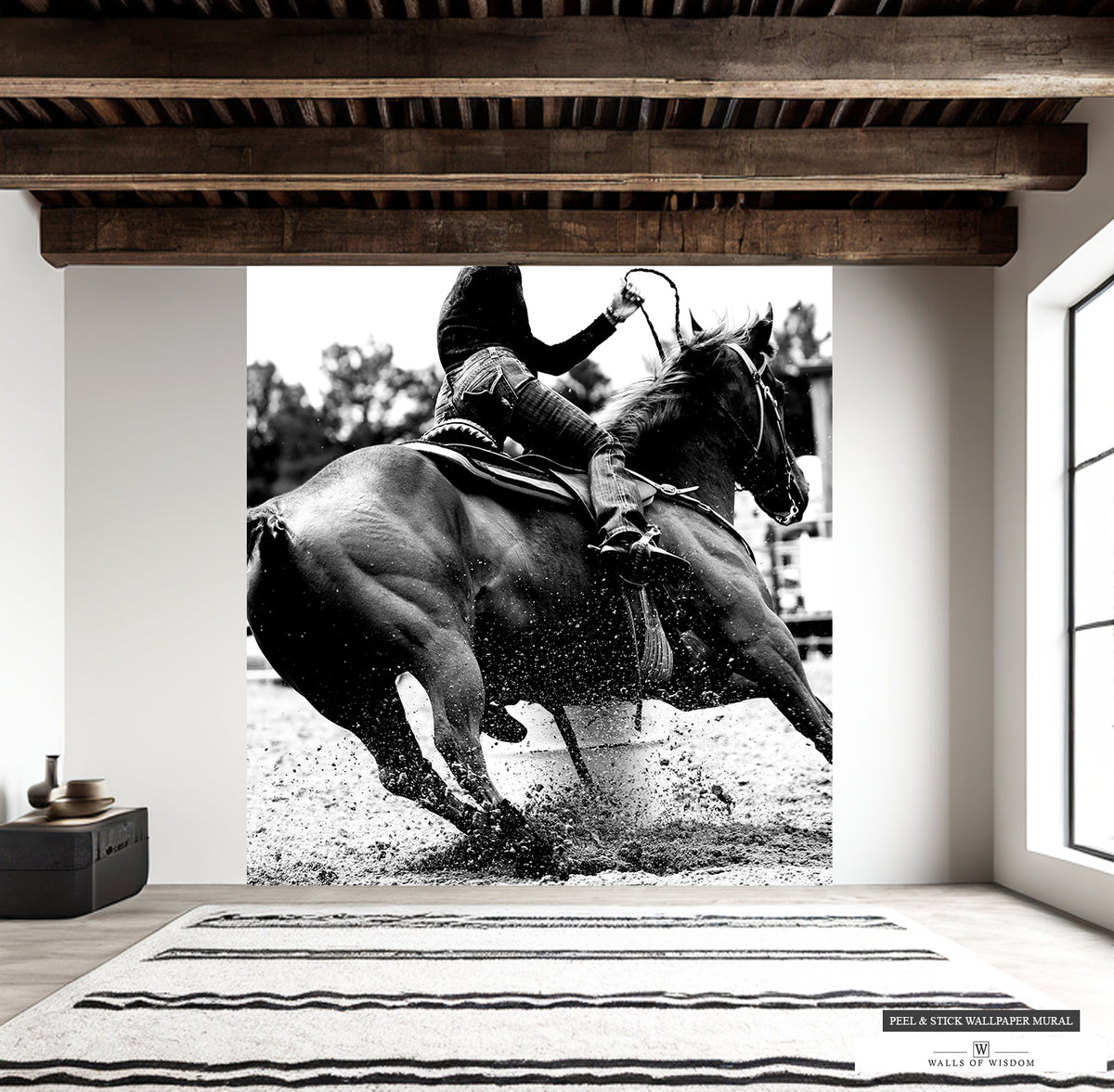 Dynamic rodeo scene wallpaper, showcasing female athleticism in barrel racing.