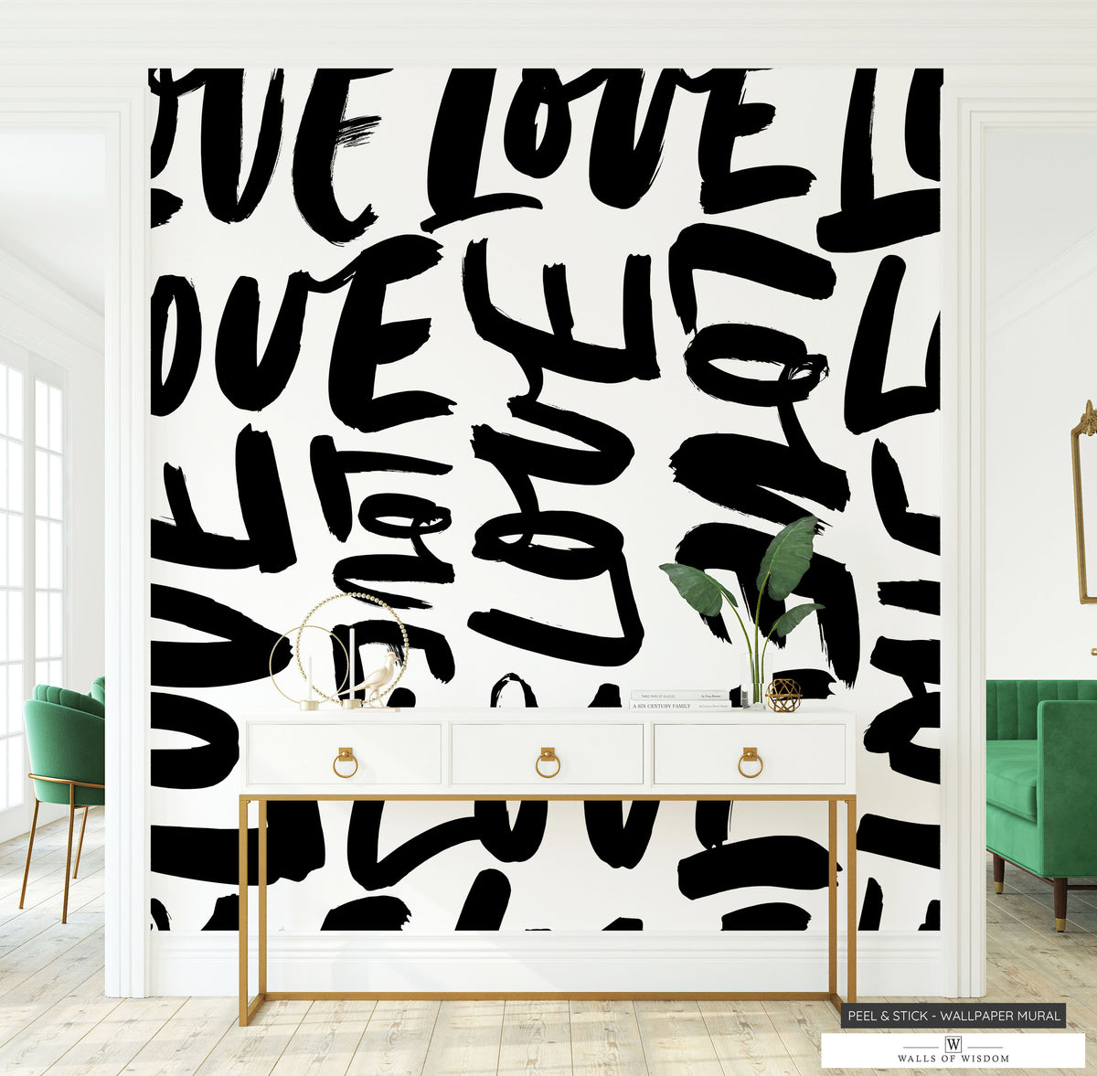 Contemporary 'Love' Typography Wallpaper Mural in black and white for statement walls.