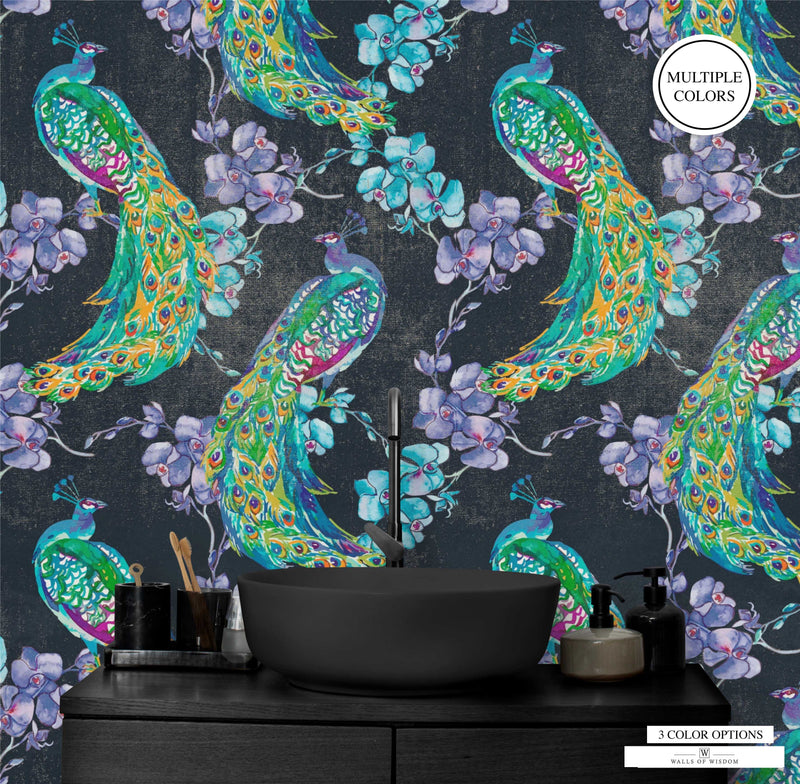 Maximalist Peacock In Moody tones of green and blue peel and stick wallpaper