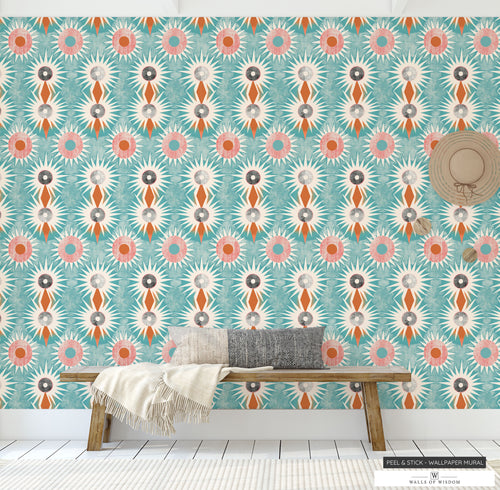 Boho Maximalist Teal Blue Wallpaper with Sun and Star Motifs