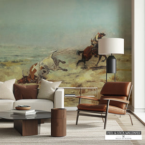 Removable wallpaper mural of cowboys lassoing steer in desert