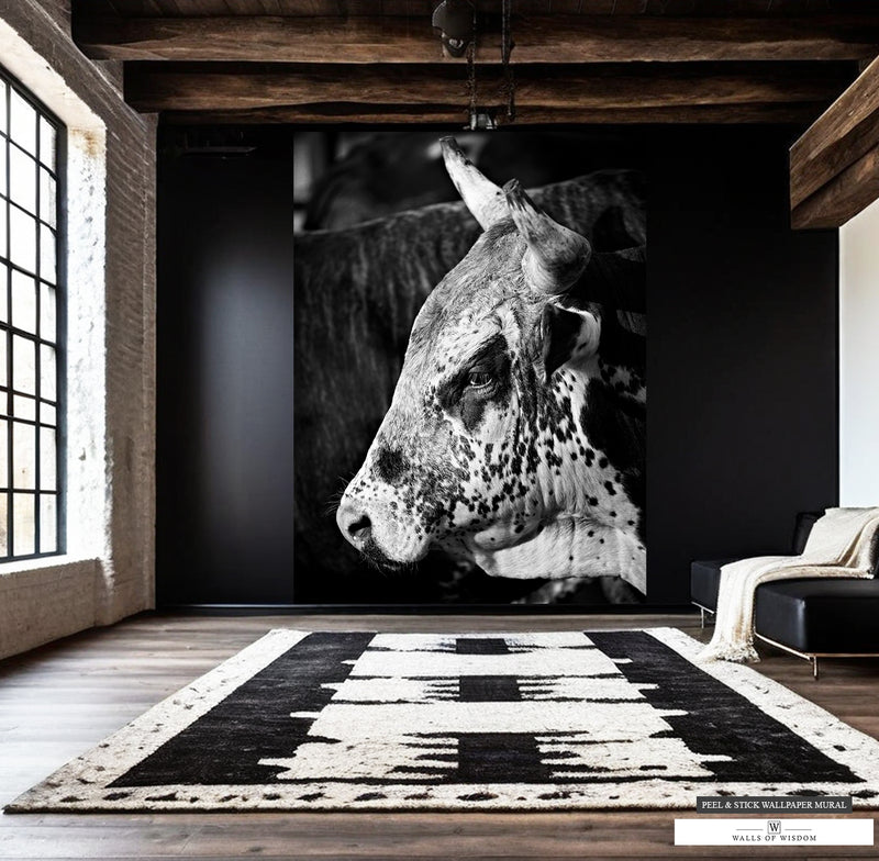 High contrast black and white mural of a rodeo bull in detailed close-up.