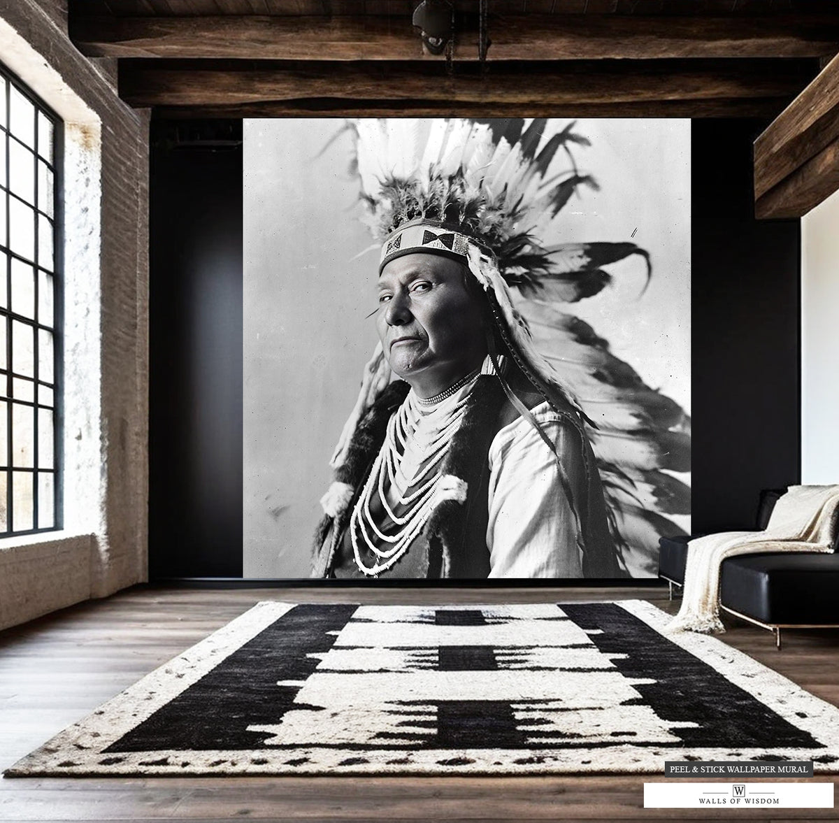 Large wall art featuring Chief Joseph, iconic Native American leader.