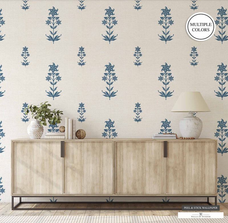 Country Blue Floral Self-Adhesive Wallpaper enhancing a modern living room.