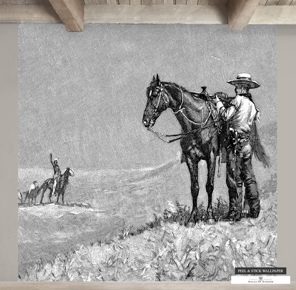 Historic Cowboy and Indians Mural, a monochrome statement piece for Western interiors.