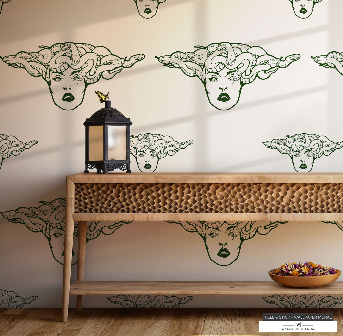 Green Medusa snake design on peelable wallpaper, adding an edgy boho touch to interiors.