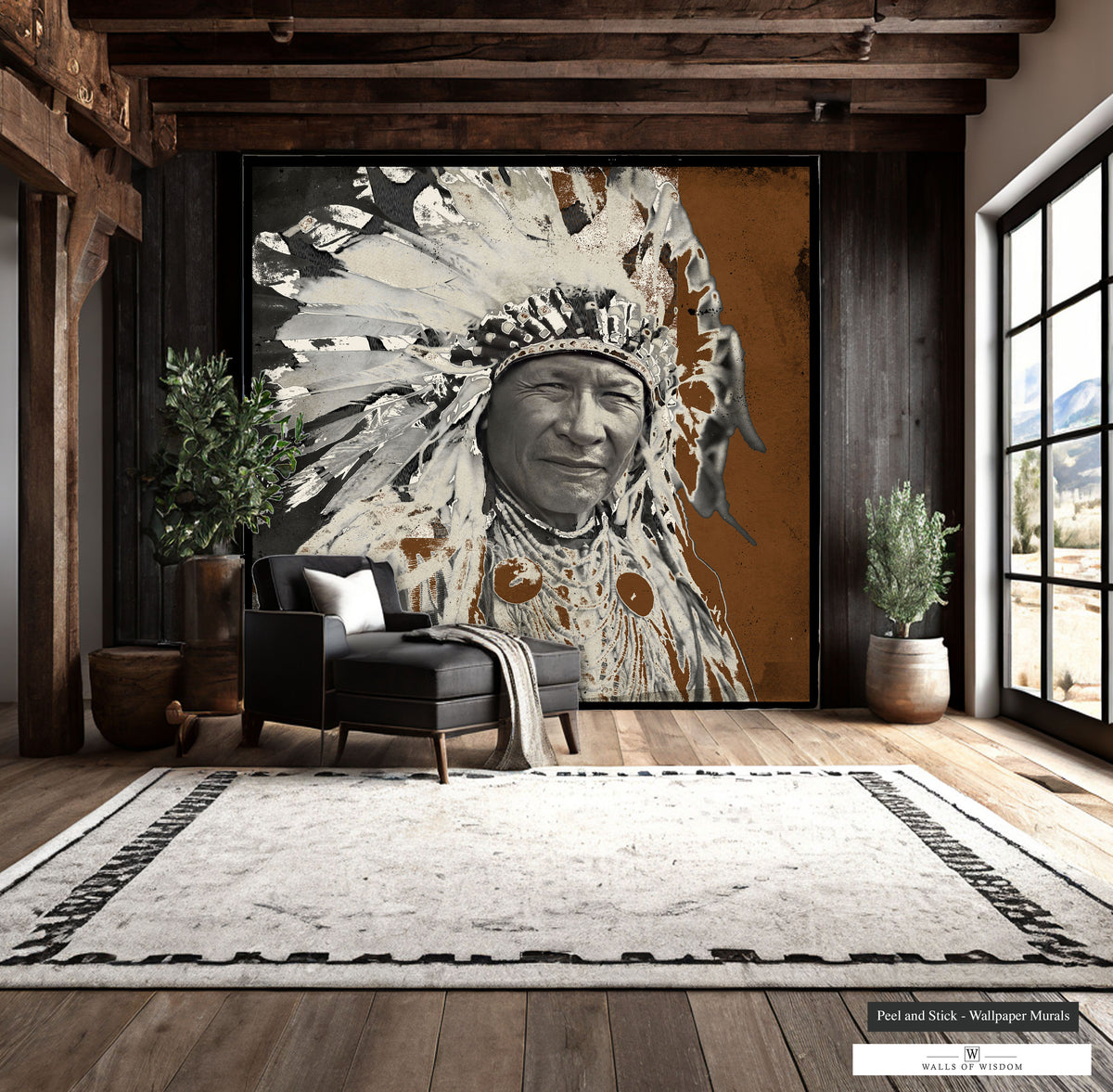 Mixed media Native American chief wall art for Southwestern interiors.