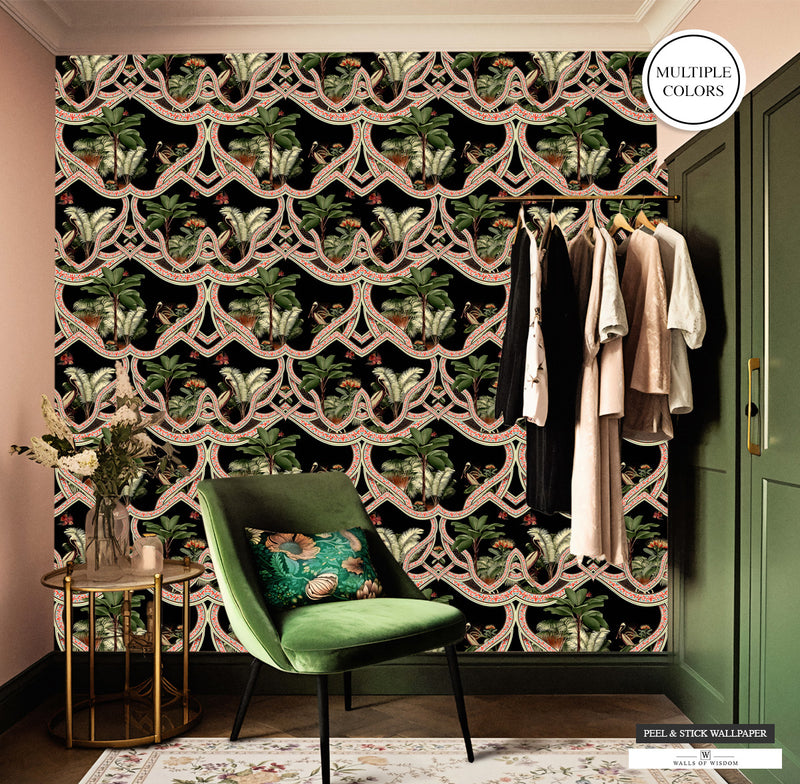 Havana Night Art Deco Wallpaper featuring tropical plants and birds in a luxurious pink and black design.