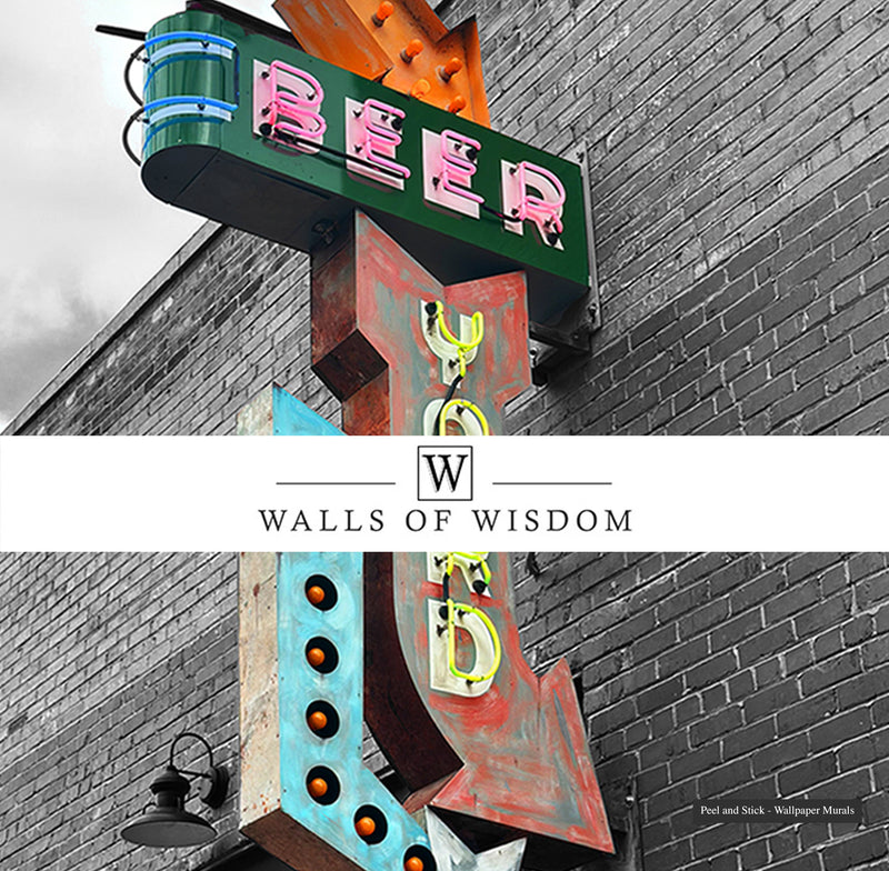 Removable mural of retro neon 'Beer Yard' sign, easy to apply and change.