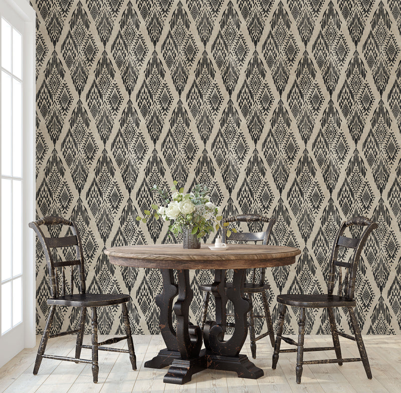 Close-up of Black Ikat Floral Pattern on Cream Linen-like Peel & Stick Wallpaper