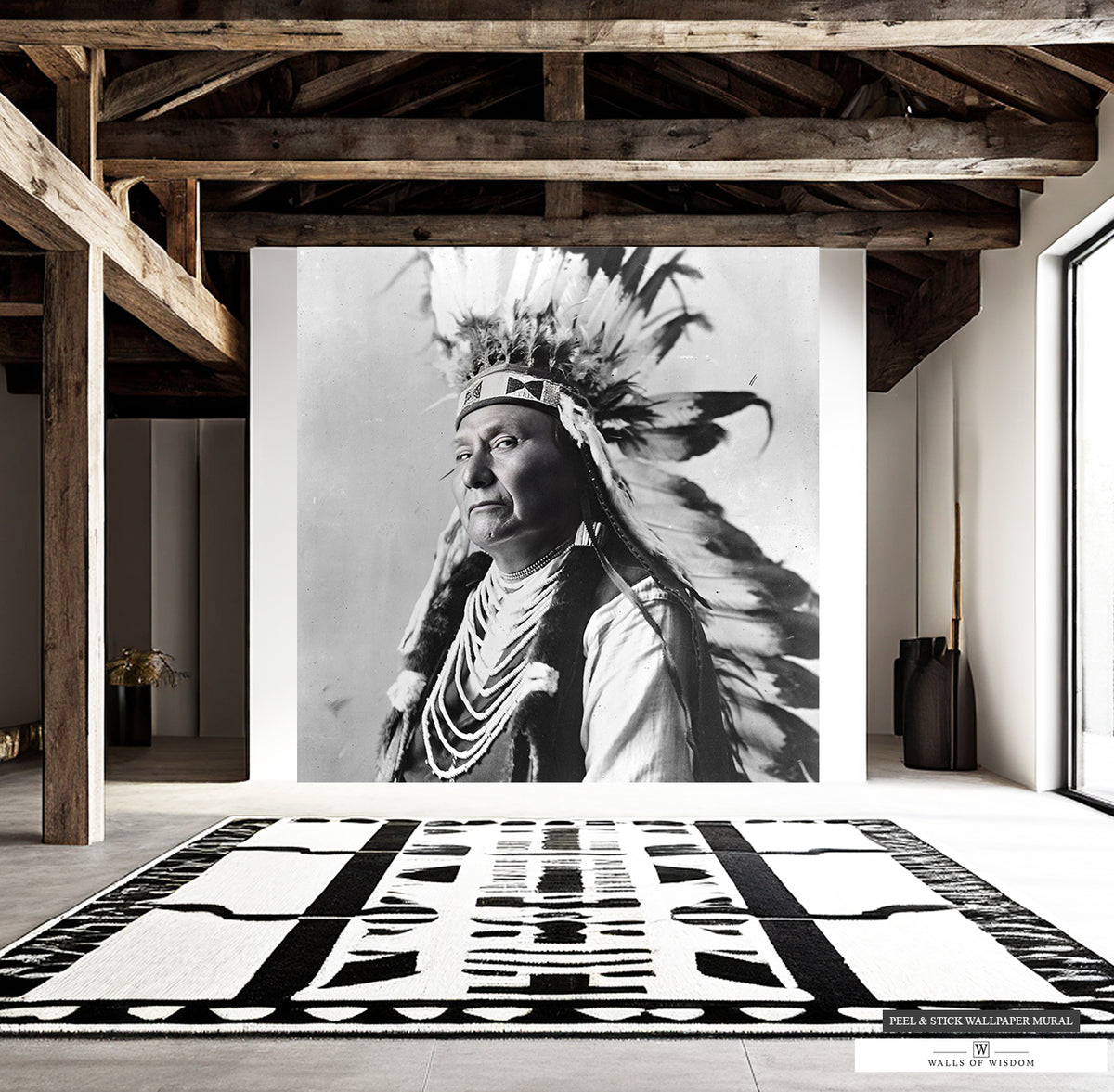 "Monochrome Native American Chief mural, easy to install with peel and stick.