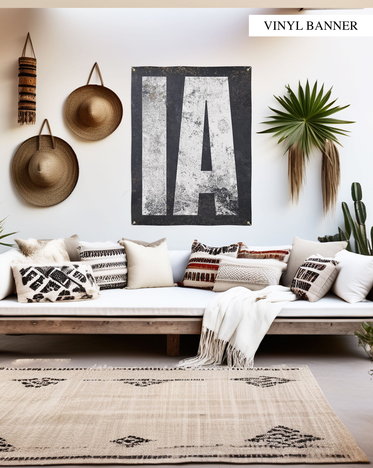 "Durable and versatile 'IA' vinyl banner that embodies Iowa's agricultural heritage and cultural richness. Designed for both indoor and outdoor use, it's a simple yet stylish way to pay homage to the Hawkeye State.