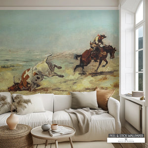 Peel and stick Western wallpaper with cowboy roping scene