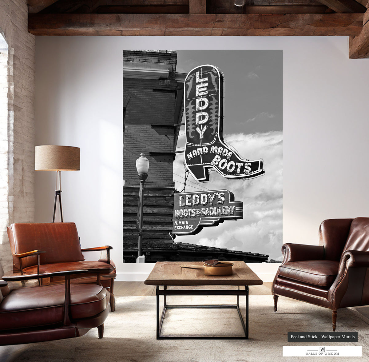 Rustic farmhouse decor with a large photo mural of Leddy's Boot.