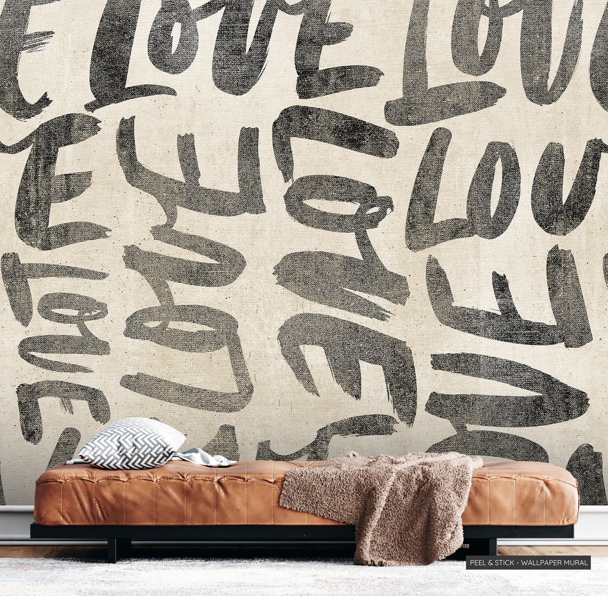Distressed 'Love' Linen Wallpaper - Neutral Boho Farmhouse Peel & Stick Mural