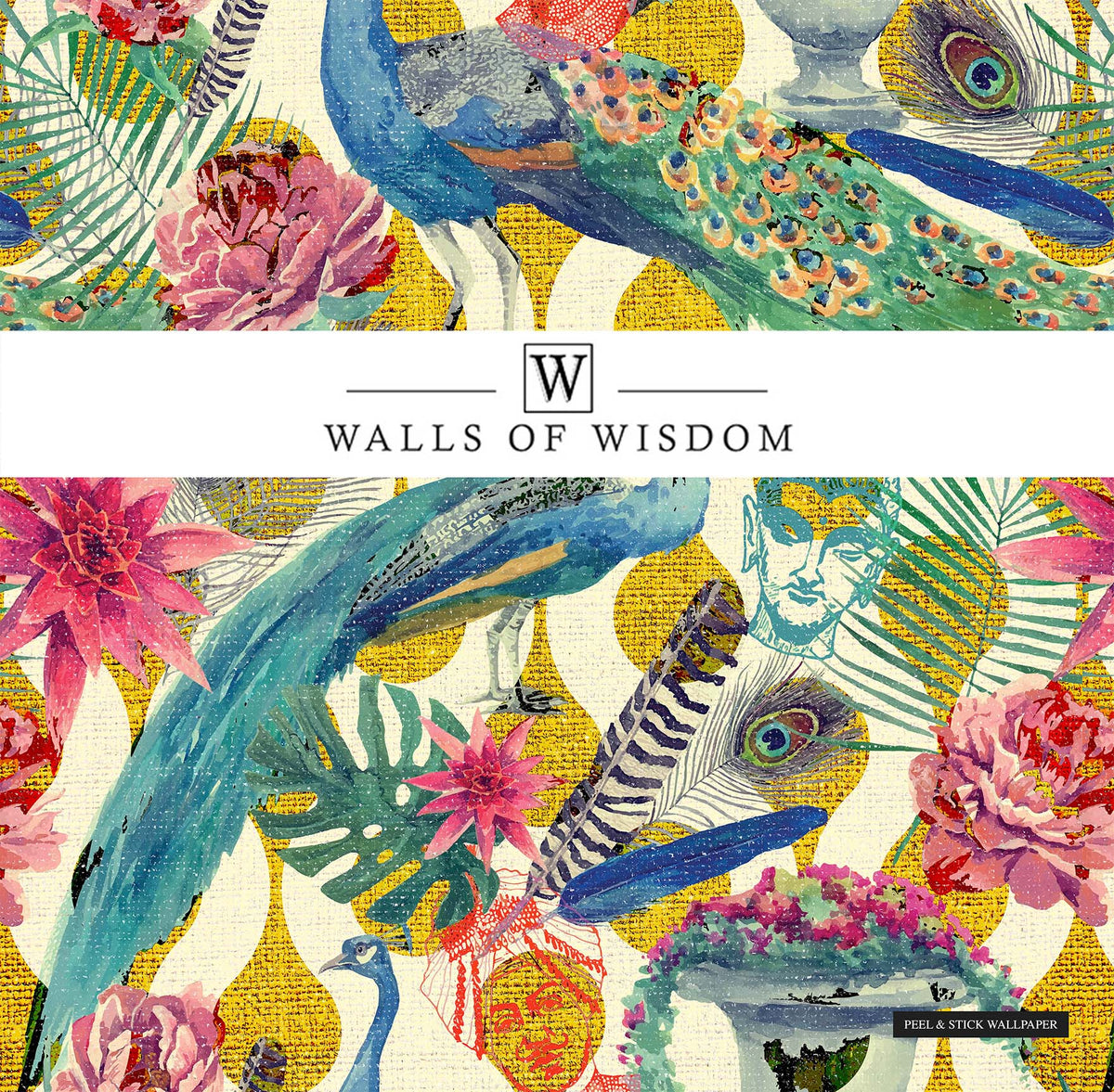 Detail of Boho Wallpaper's intricate Buddhist accents set against a backdrop of vivid peacock and florals.