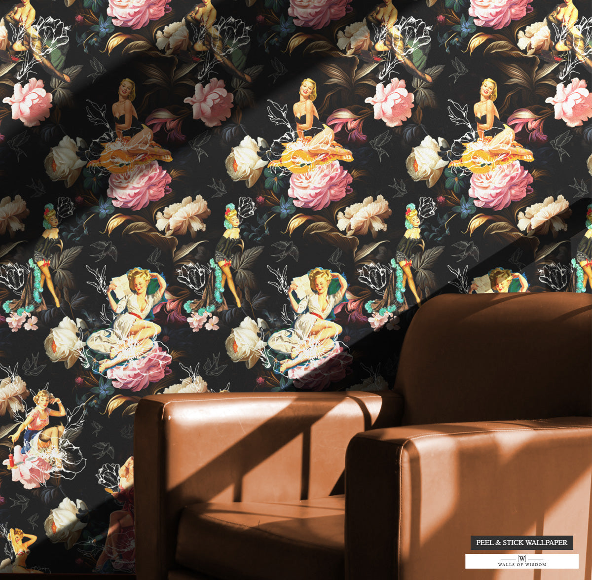 Pinup Girl & Dark Pink Rose Wallpaper featuring vintage style with modern abstract floral overlays