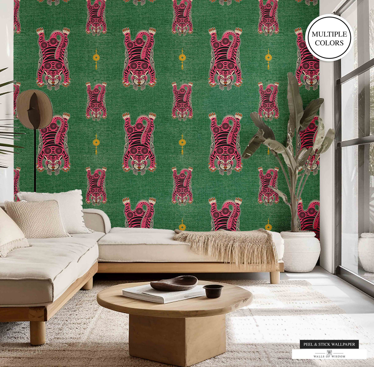 Vibrant and exotic living room decorated with Tibetan Tiger Peel & Stick Wallpaper in moody greens and orange.