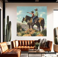 Muted color wallpaper mural of vintage cowboys, perfect for rustic home styling.