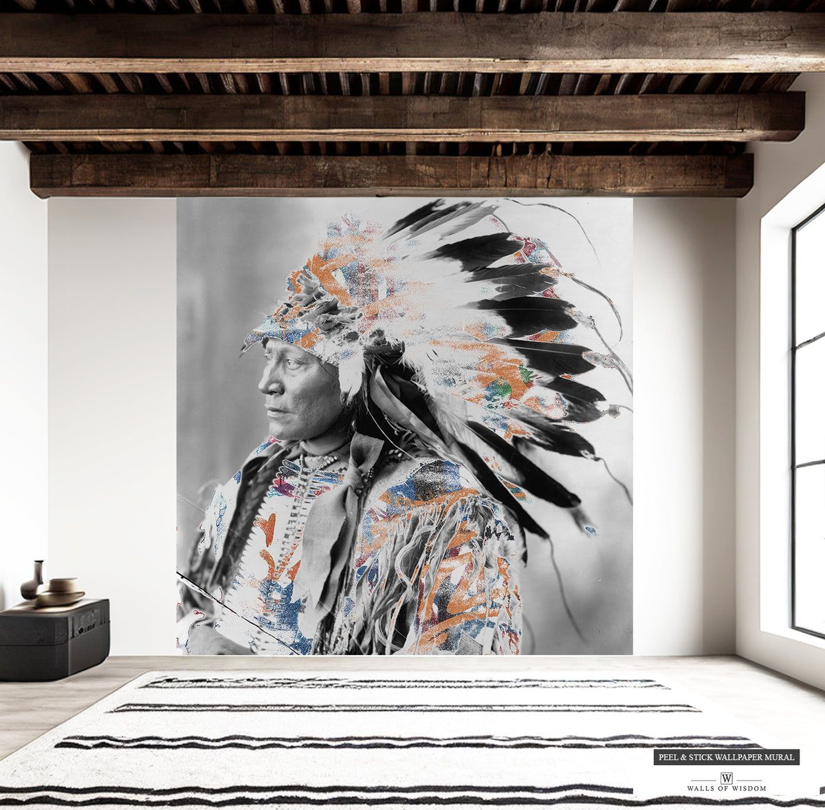 Modern Farmhouse Interior with Contemporary Native American Chief Artwork.