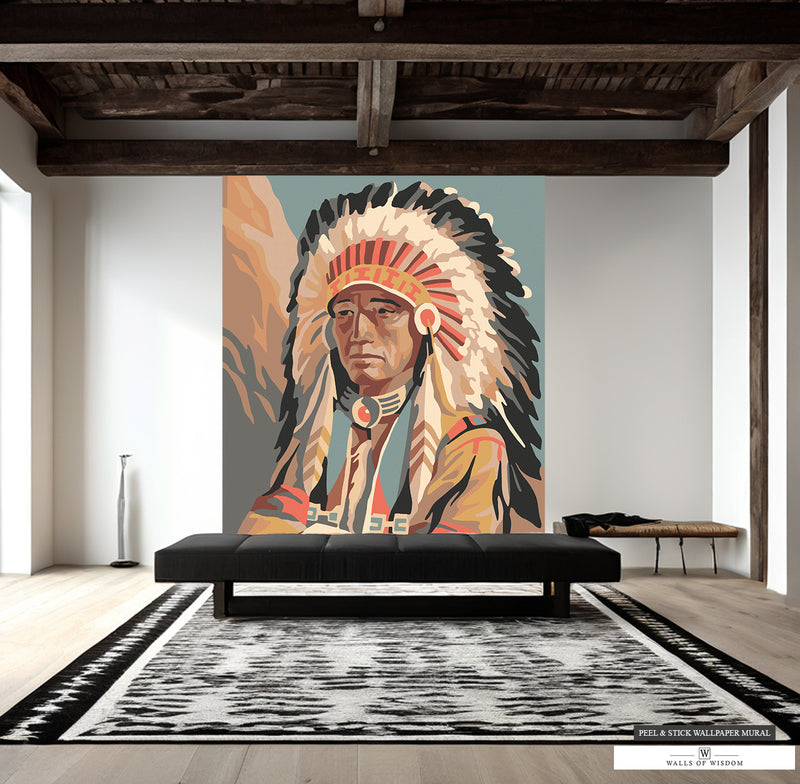 Vintage Native American Headdress Mural in Muted Earth Tones.