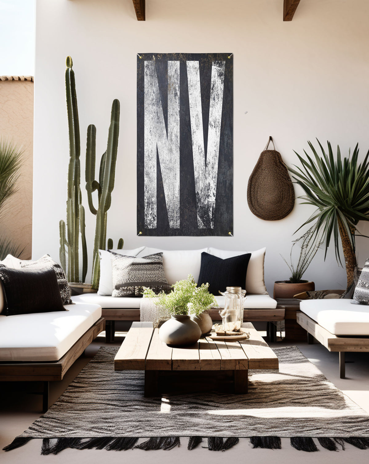 Silver State 'NV' outdoor banner, combining minimalism with durability, perfect for patios or bars, celebrating Nevada's distinct character.