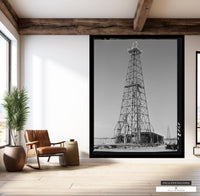 Rustic Charm of Texas with Vintage Oil Derrick in Living Room Decor.