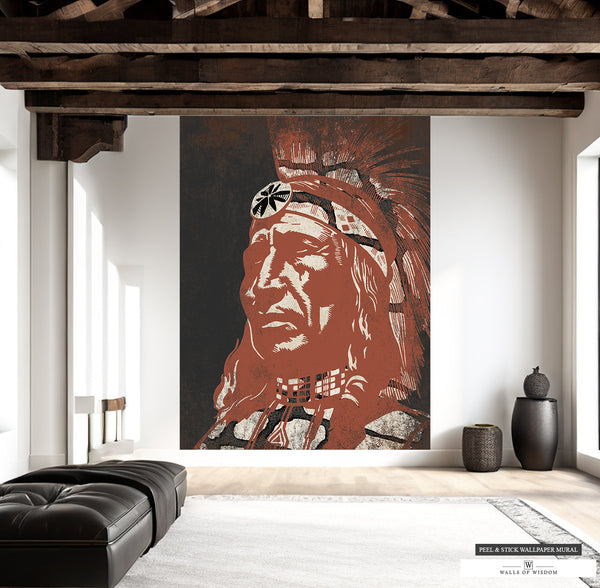 Modern Indian Chief Mural in earth tones for contemporary interior design.