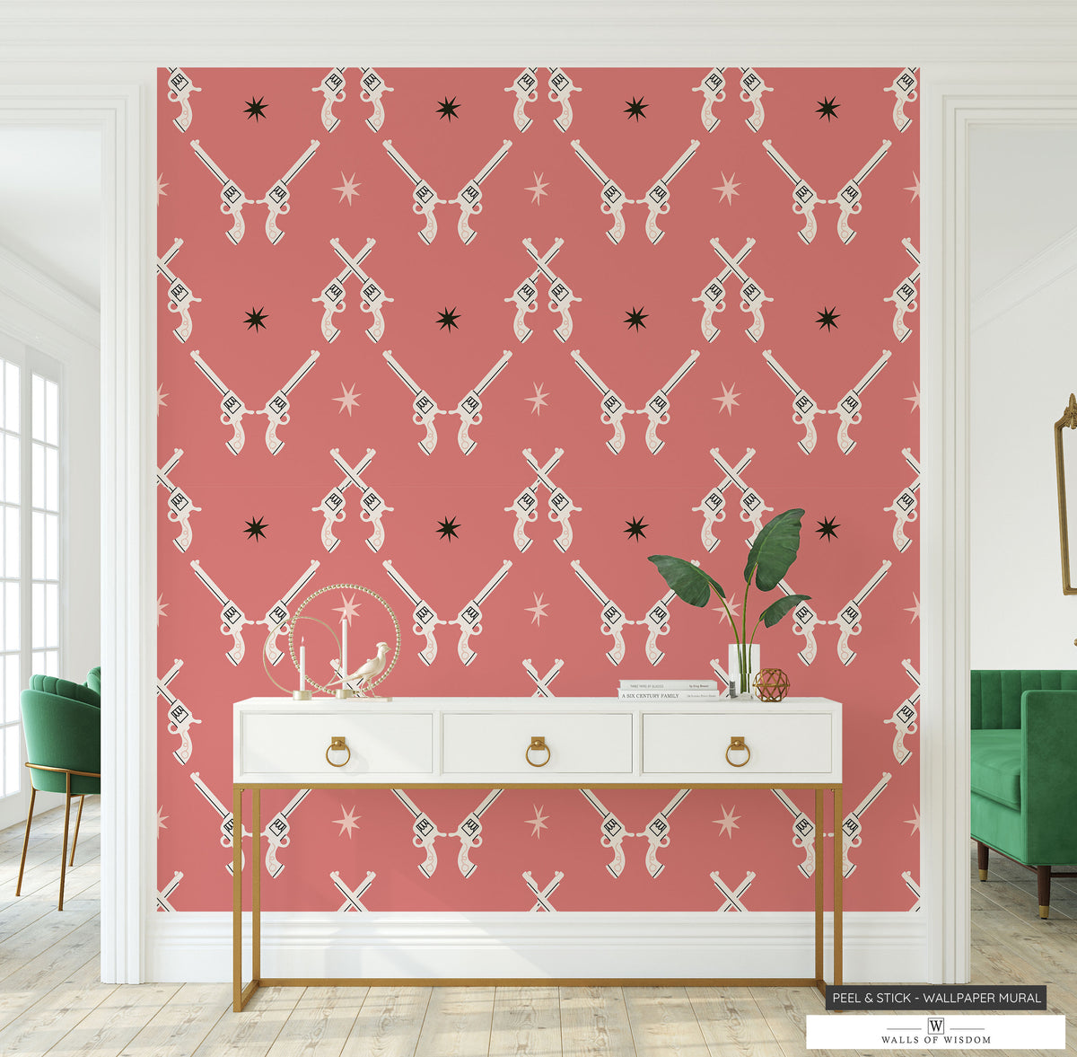 Funky retro western pink background wallpaper featuring whimsical cream pistols design.