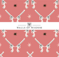 Bold and playful Pink Pistol wallpaper adding a retro western flair to any room.
