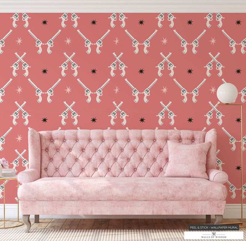 Vibrant Pink Pistol removable wallpaper with cream pistols and retro pink and black stars.
