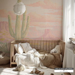 Western peel and stick wallpaper with soft feminine colors and boho desert scenery.