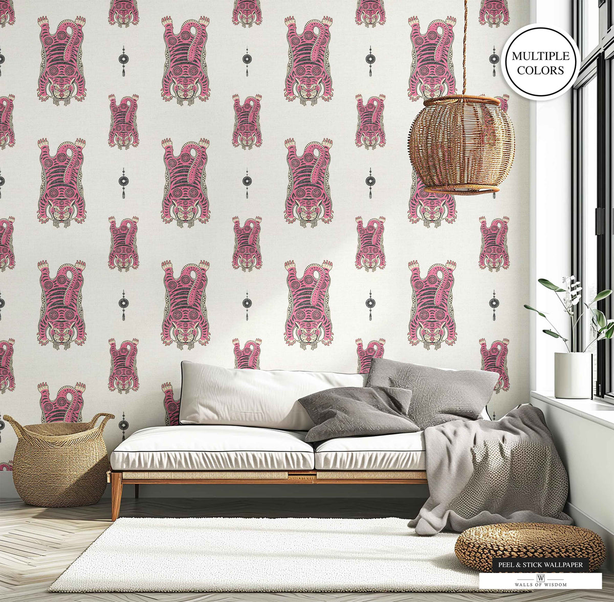 Pink and linen Tibetan Tiger Wallpaper with black Chinese lanterns, offering a boho maximalist vibe.