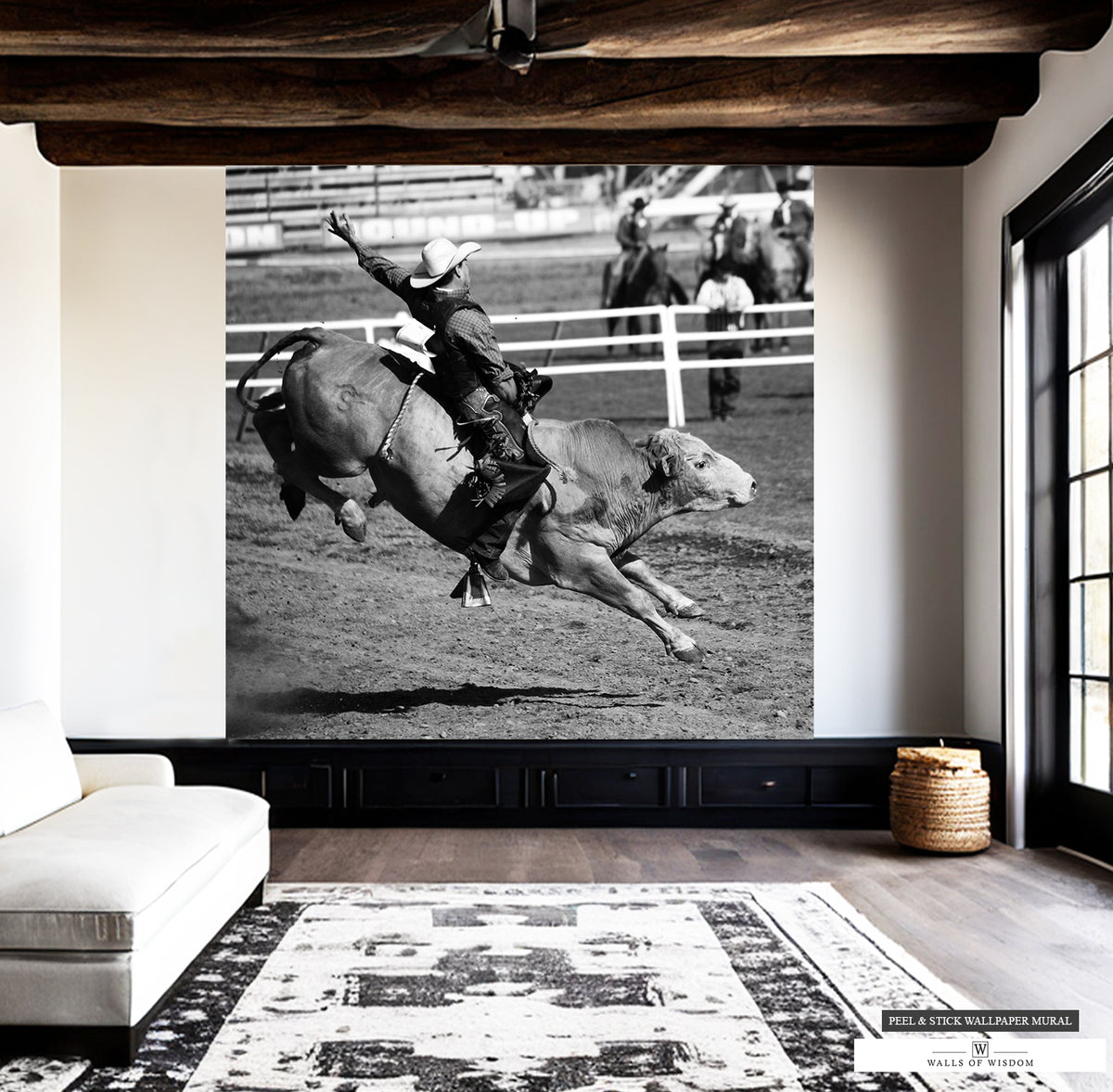 Intense rodeo action captured in black and white wallpaper mural.