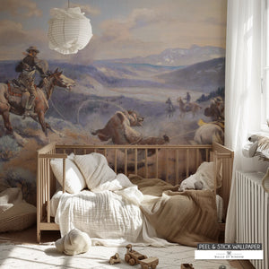 Vintage Western wallpaper mural with cowboy and lasso scene