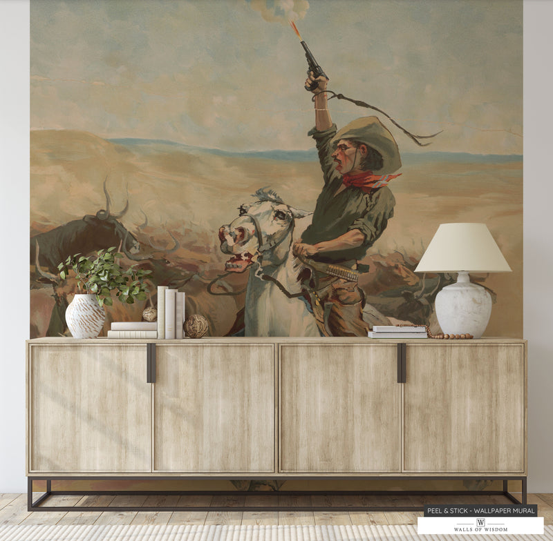 Luxurious 'Heading a Stampede' Western Mural depicting cowboy and bulls in warm tones.