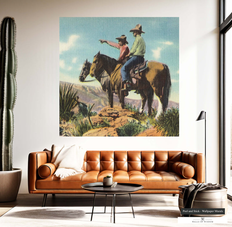 Vintage cowboys on mountain mural in muted colors for Western decor.