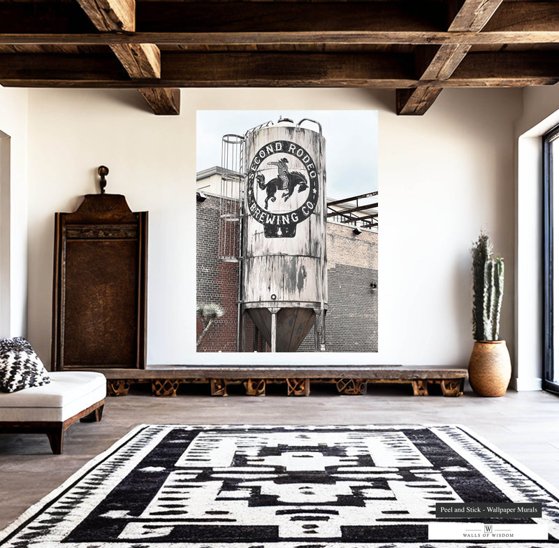 Vintage Second Rodeo Brewing Co Silo mural in muted earth tones and black and white.