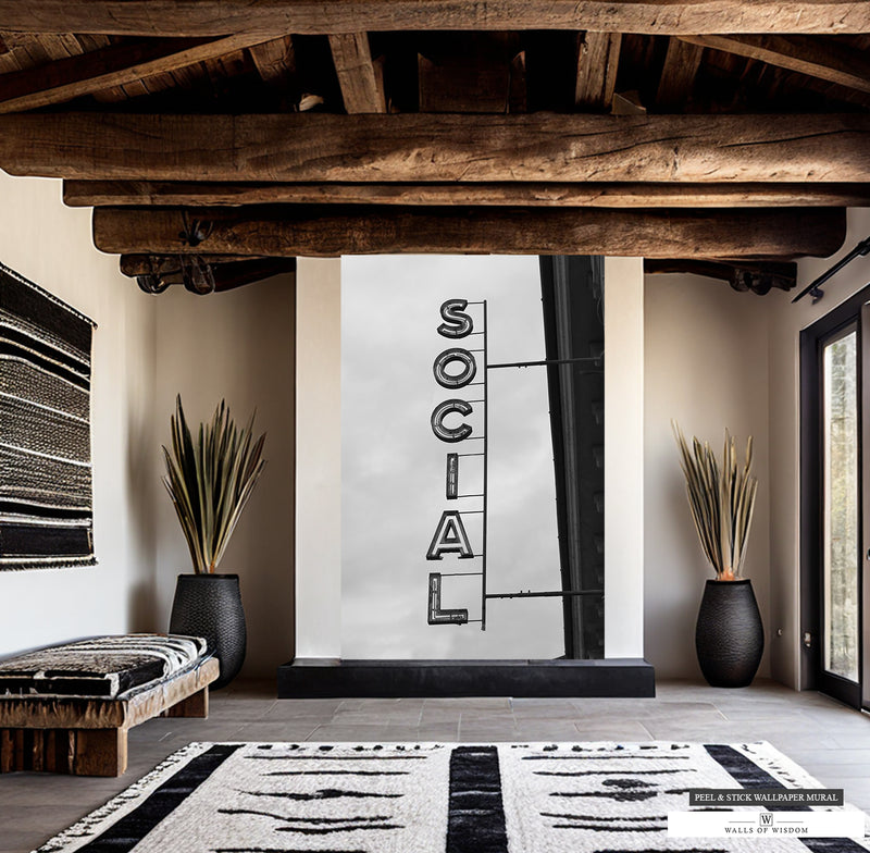 Black and white Western bar sign wallpaper mural with 'Social' text for modern decor.