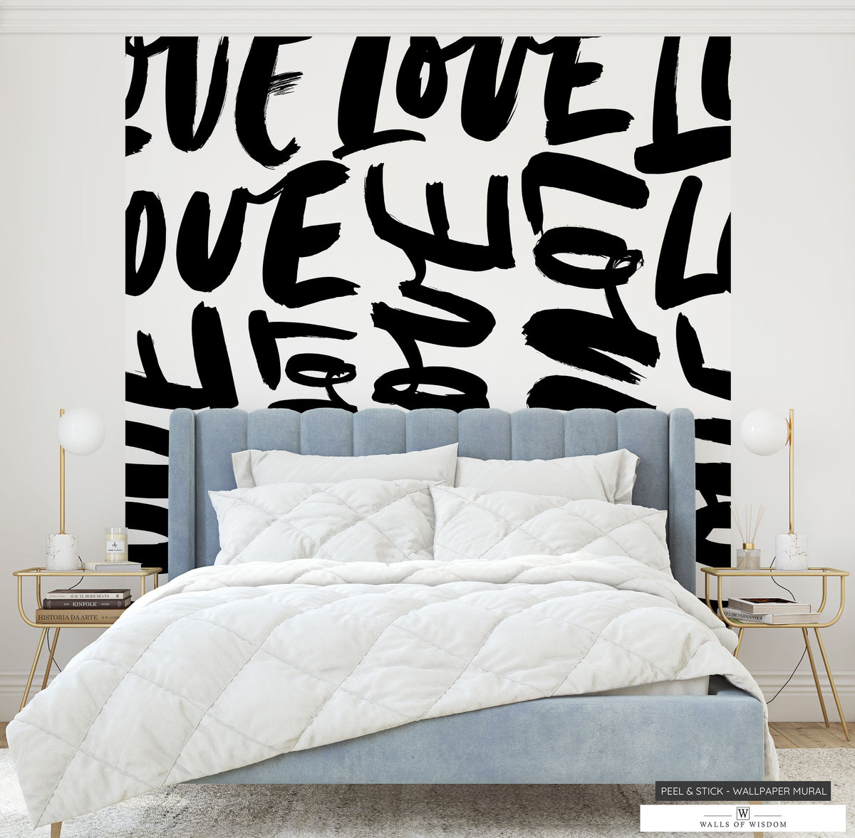 Maximalist home decor featuring bold 'Love' typography wallpaper for an artistic touch.