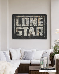 Lone Star State vinyl sign with a vintage black distressed background and off-white font, suitable for Texas-style home or bar decor.